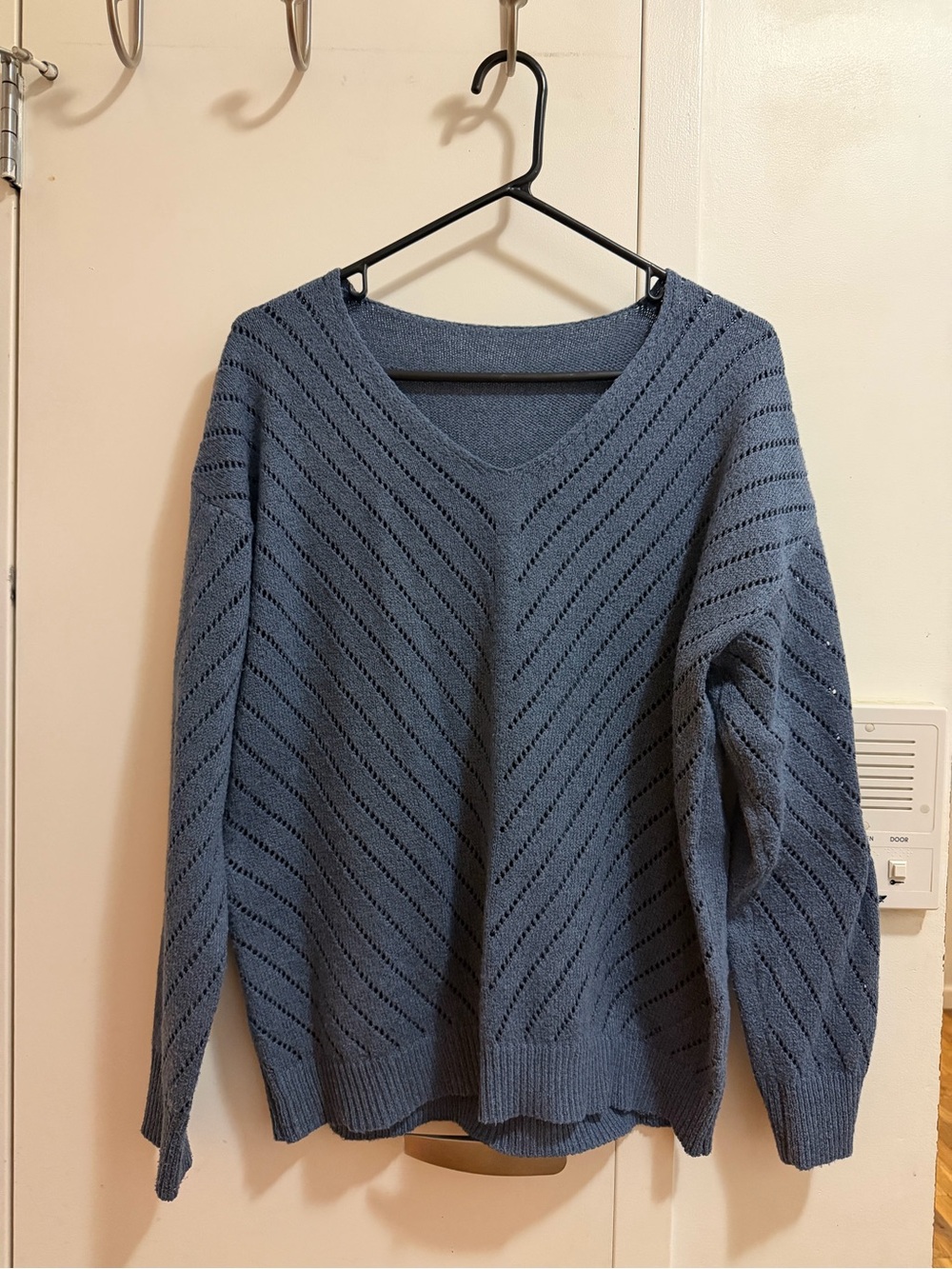 SHEIN Slate Blue V-Neck Openwork Knit Sweater